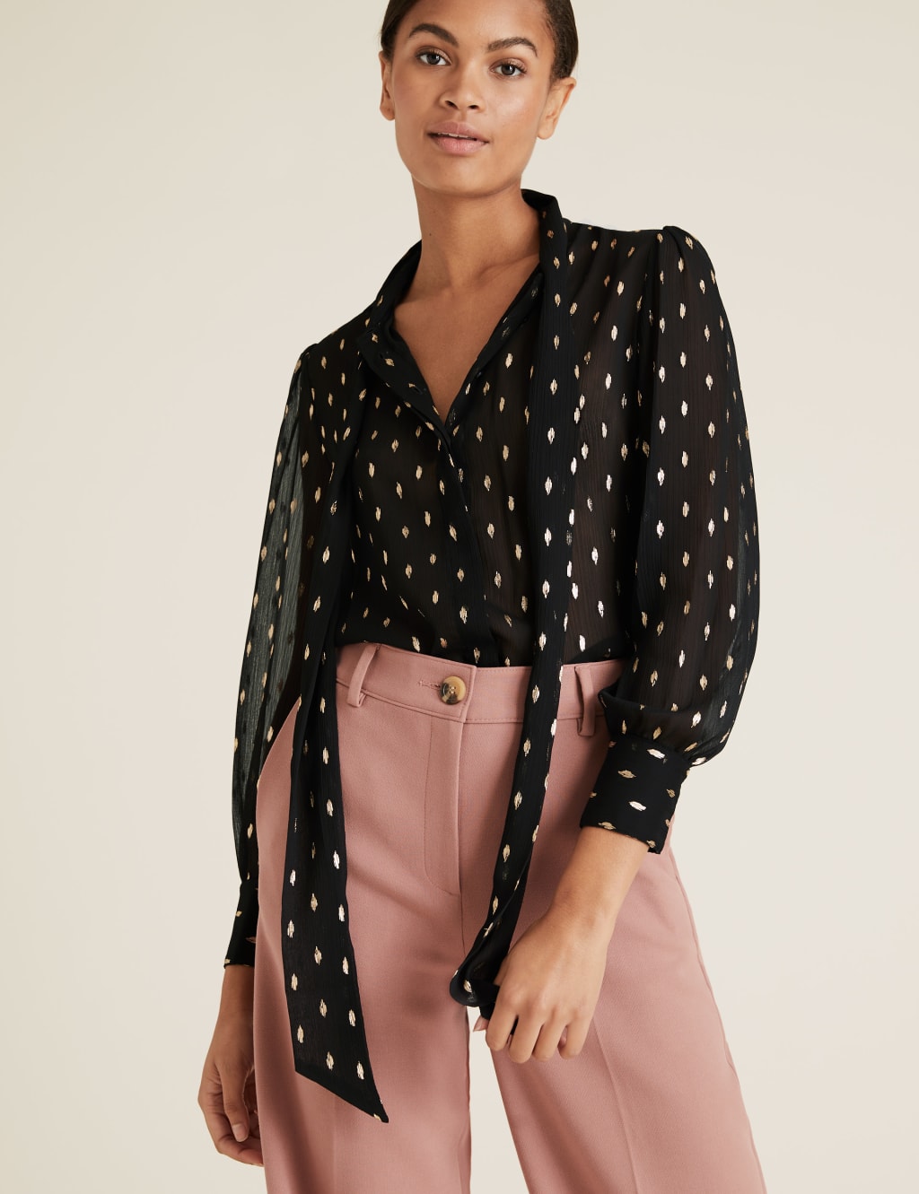 Polka Dot Pussybow Puff Sleeve Blouse M S Collection M S
