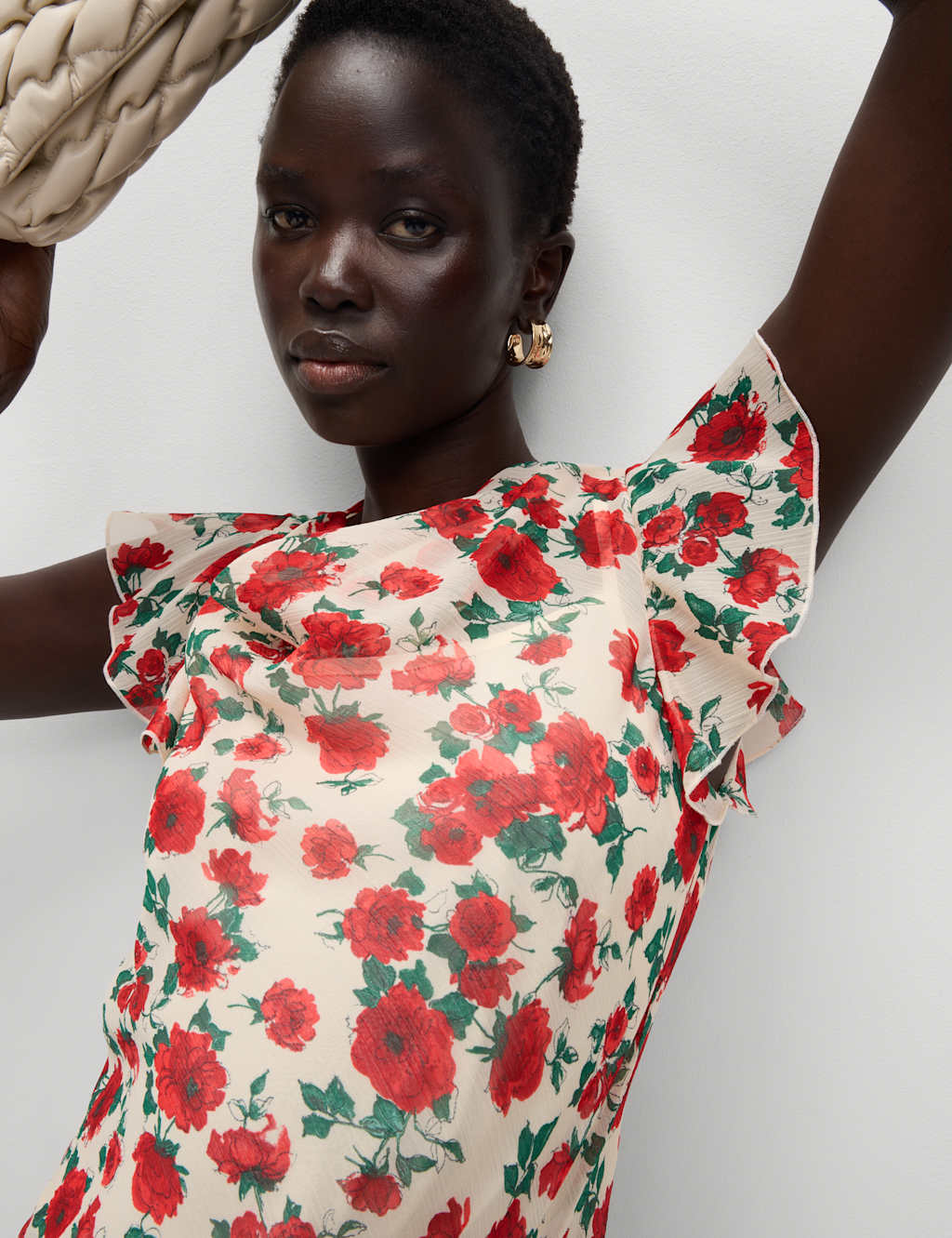 Floral Cowl Neck Ruffle Sleeve Top 1 of 5
