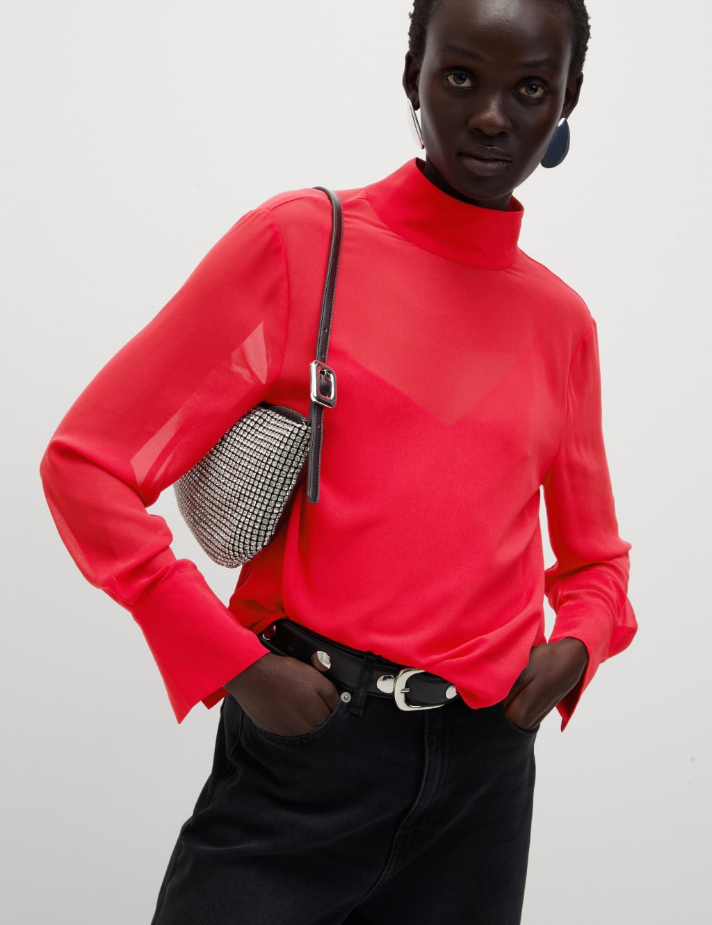 Red high neck blouse cheap