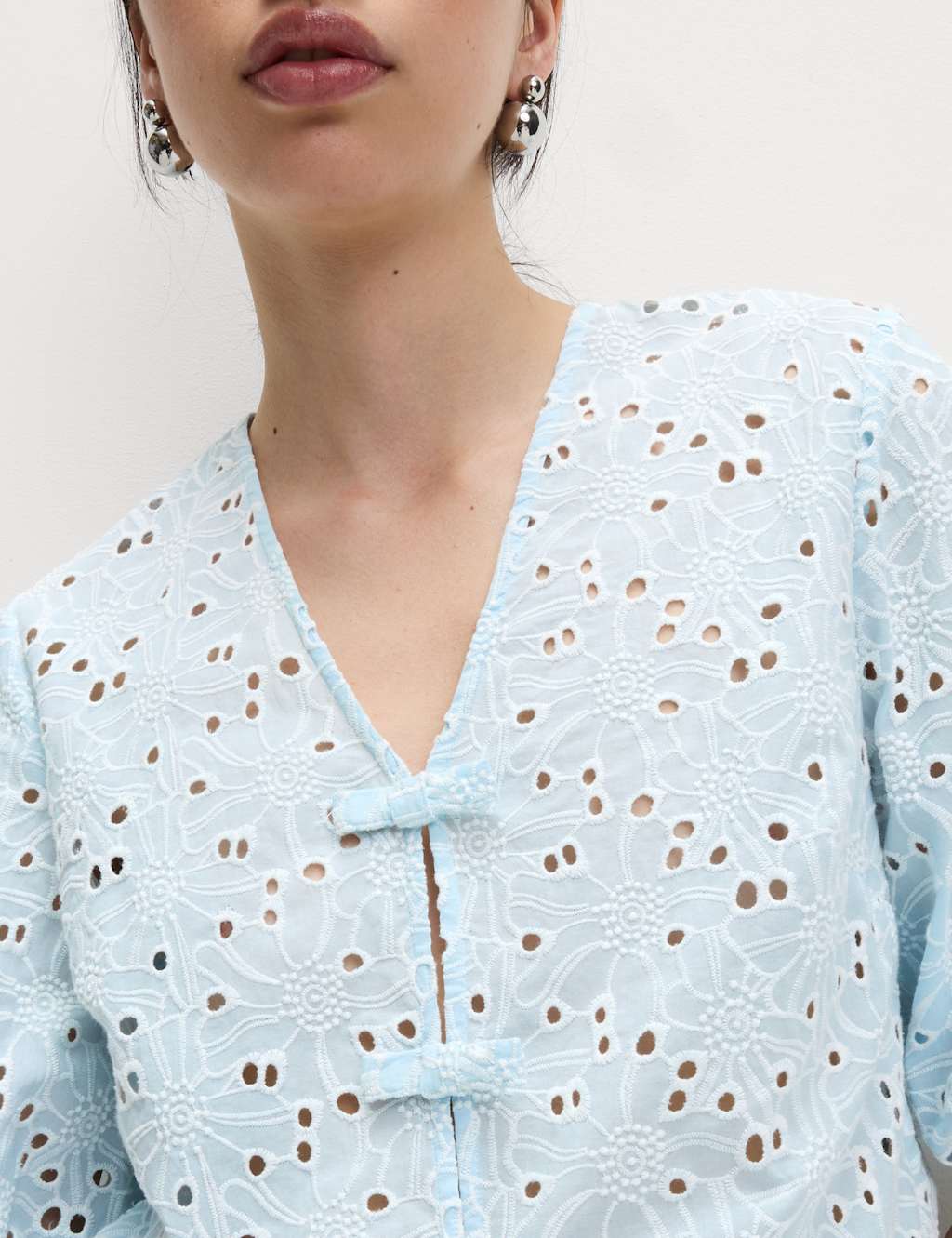 Pure Cotton Floral Cutwork Detail Bow Blouse 3 of 6