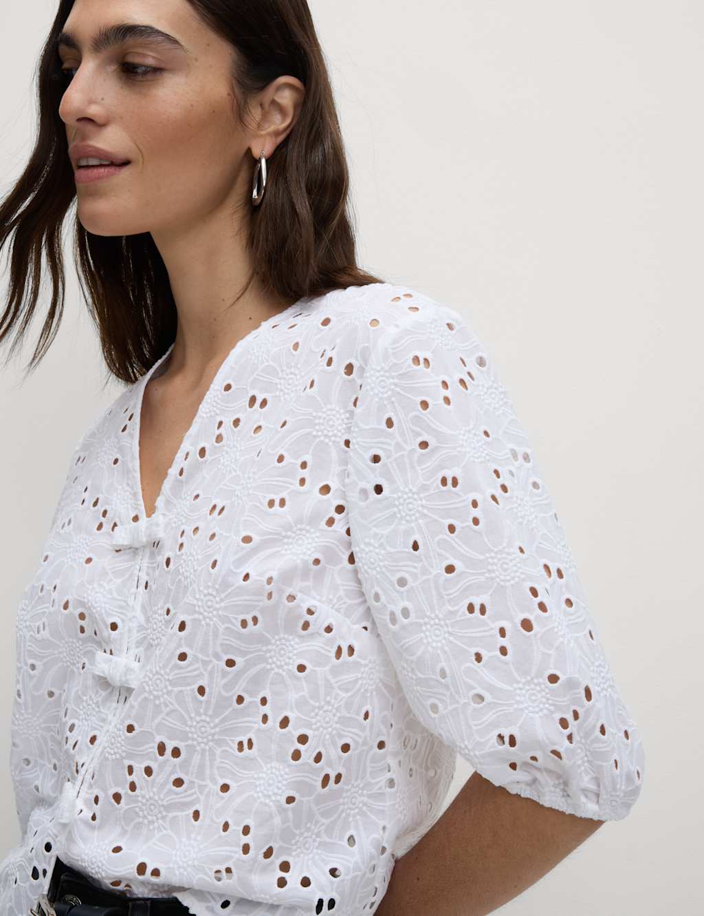 Pure Cotton Floral Cutwork Detail Bow Blouse 4 of 6