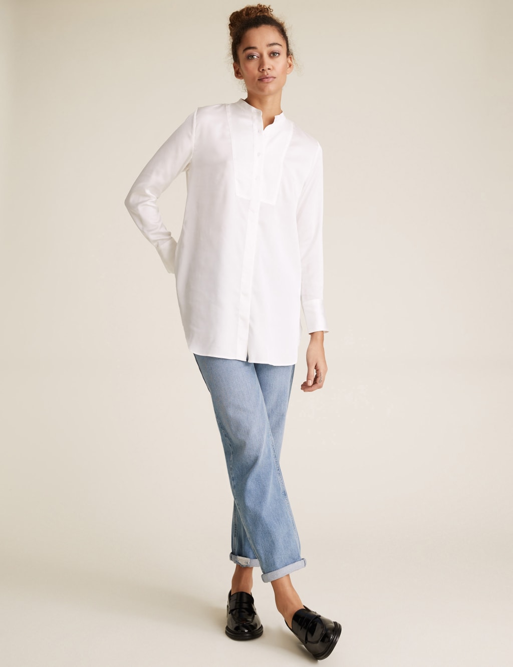 Satin Collarless Long Sleeve Tunic 1 of 6