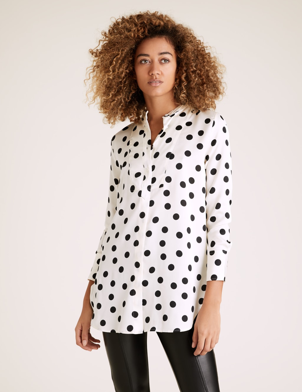 Satin Polka Dot Collarless Bib Detail Tunic 1 of 6