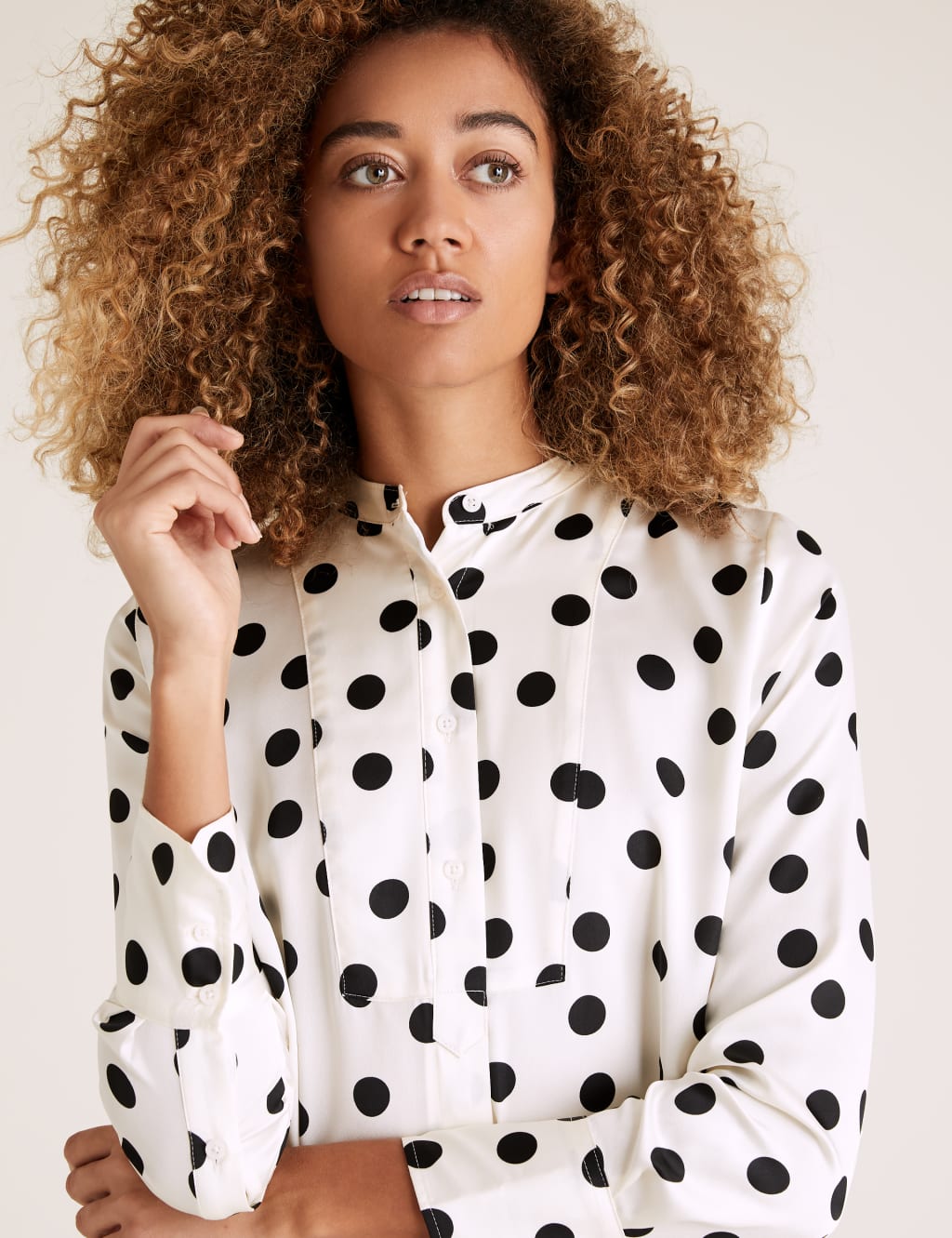 Satin Polka Dot Collarless Bib Detail Tunic 6 of 6