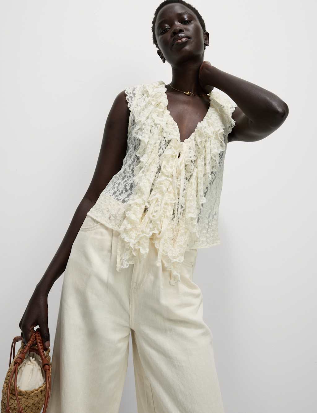 Lace V-Neck Tie Detail Ruffle Top 7 of 7
