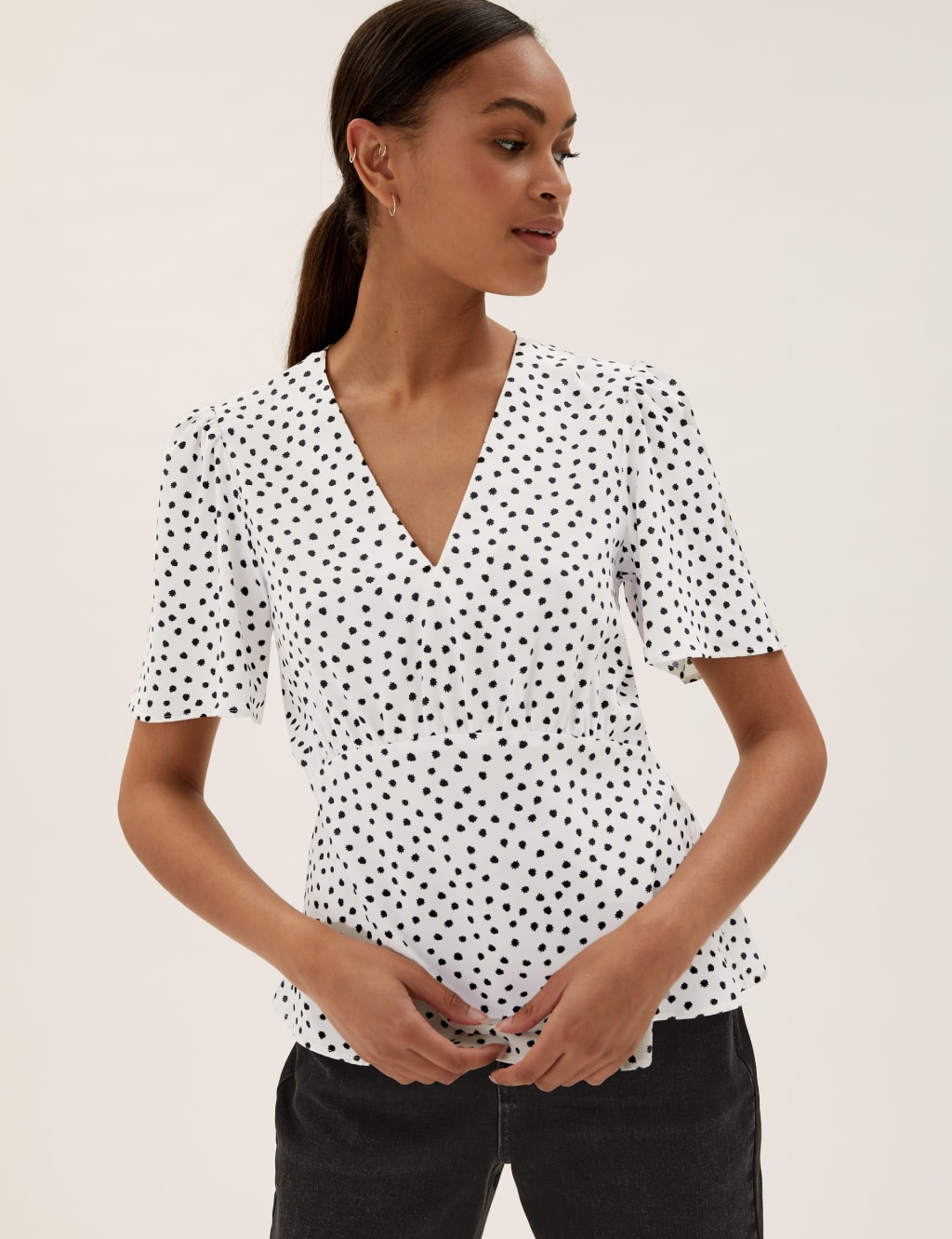 Polka Dot V Neck Angel Sleeve Peplum Top M S Collection M S