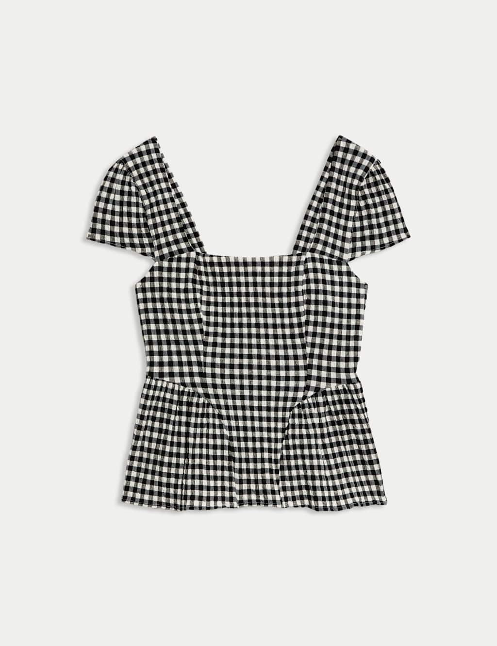 Cotton Rich Checked Cap Sleeve Peplum Top 2 of 5