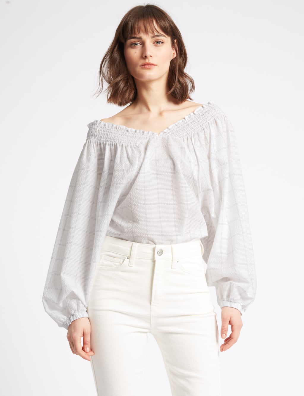 Checked V-Neck Balloon Sleeve Blouse 1 of 4