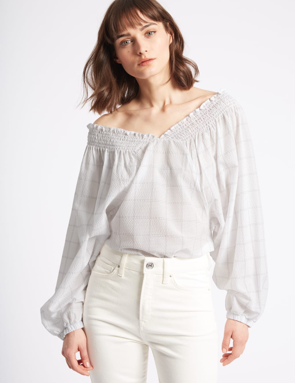 Checked V-Neck Balloon Sleeve Blouse 3 of 4
