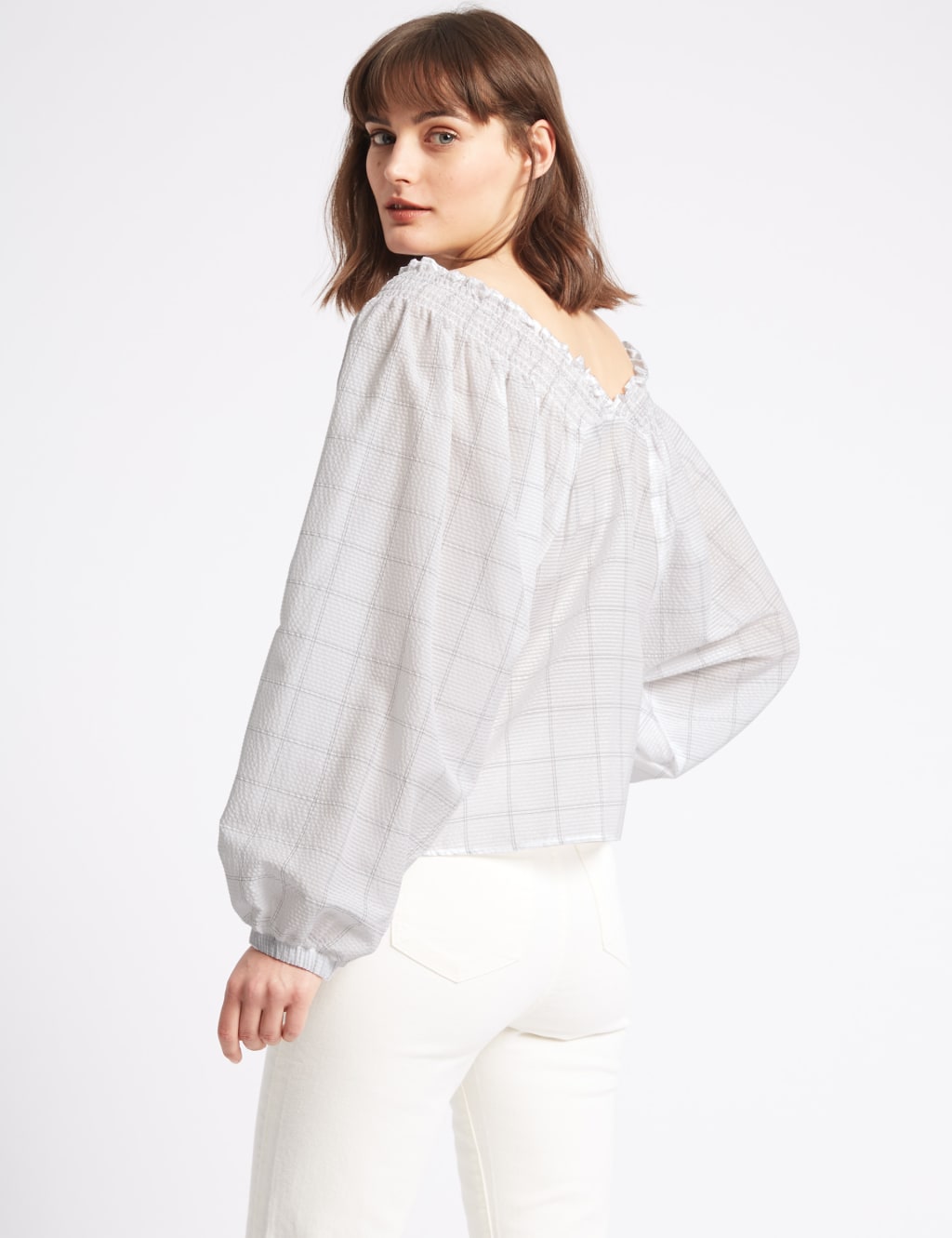 Checked V-Neck Balloon Sleeve Blouse 4 of 4