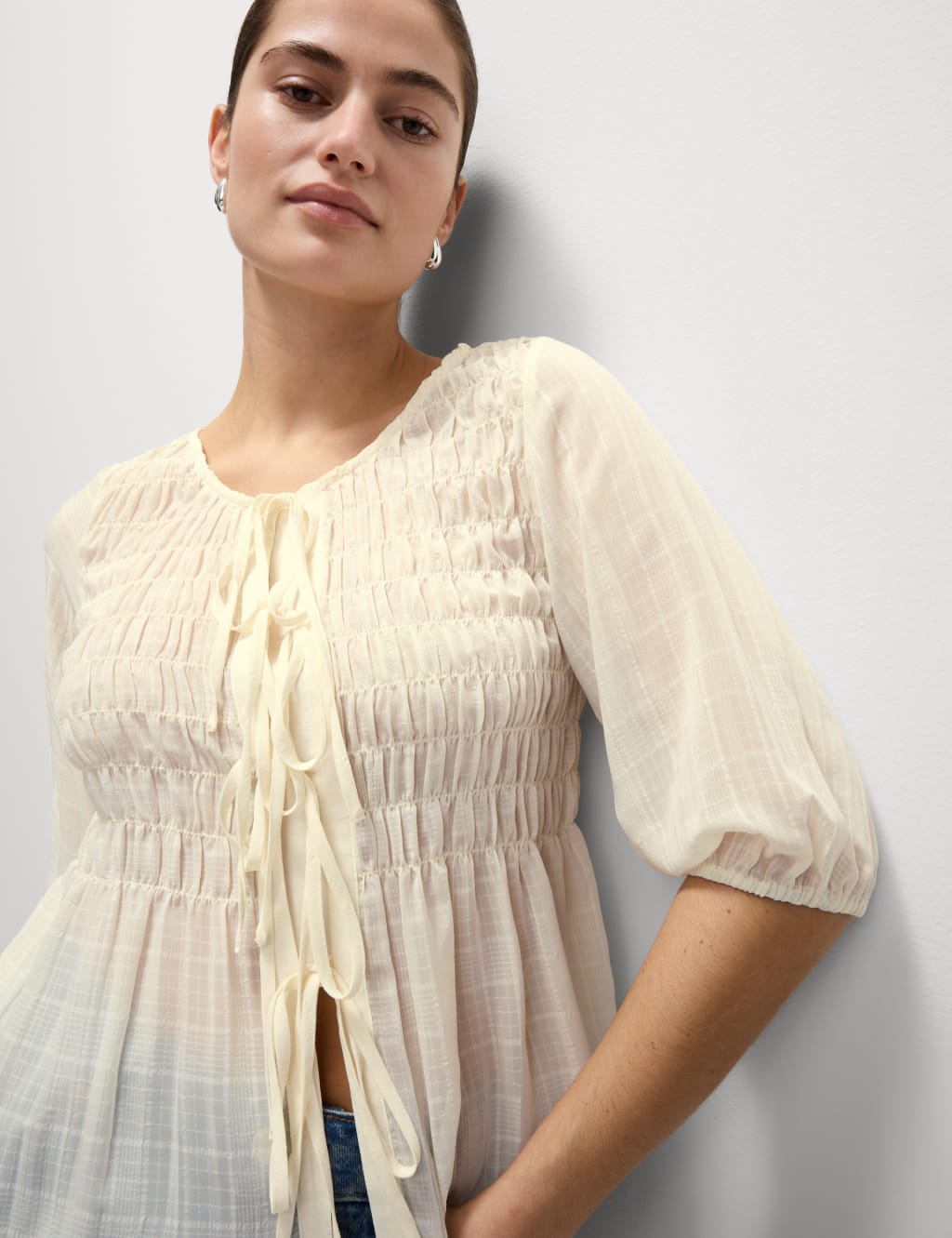 Round Neck Tie Front Shirred Blouse 1 of 4