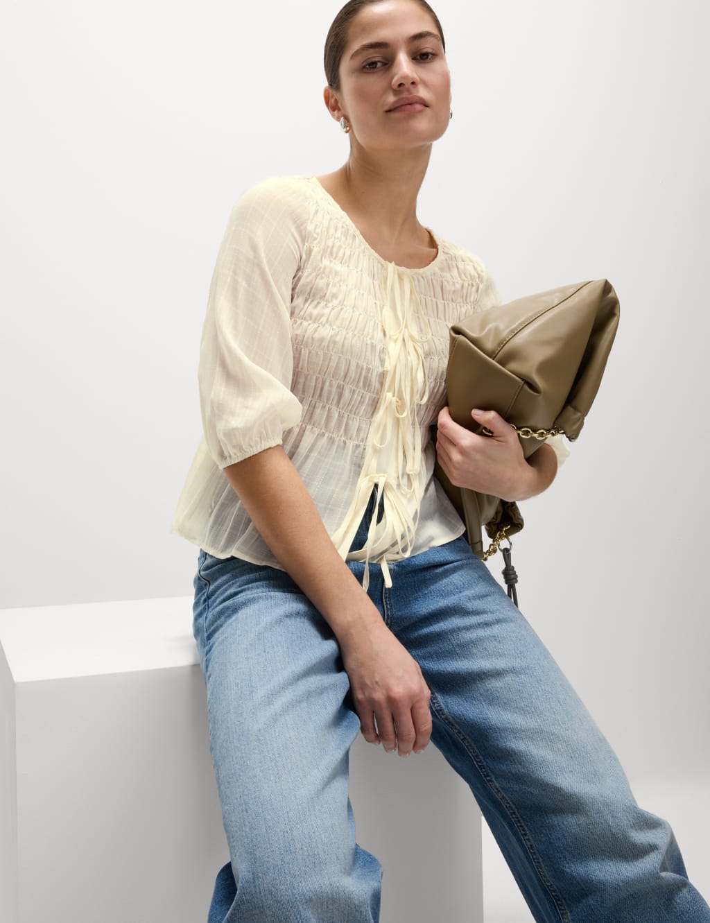 Round Neck Tie Front Shirred Blouse 3 of 4