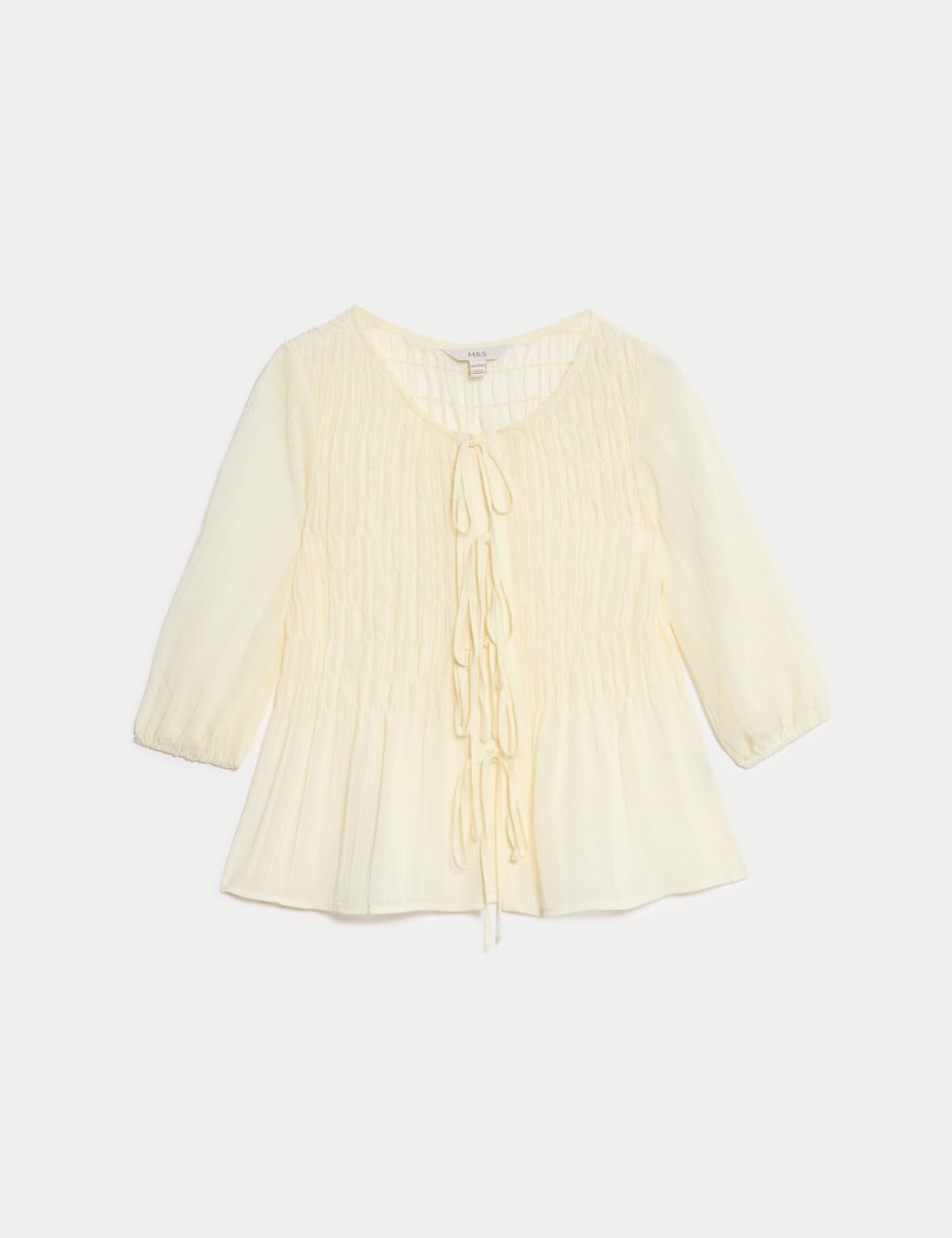 Round Neck Tie Front Shirred Blouse 2 of 4