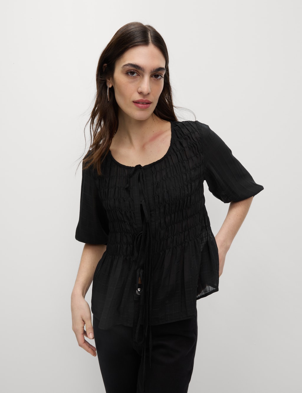 Round Neck Tie Front Shirred Blouse 3 of 6