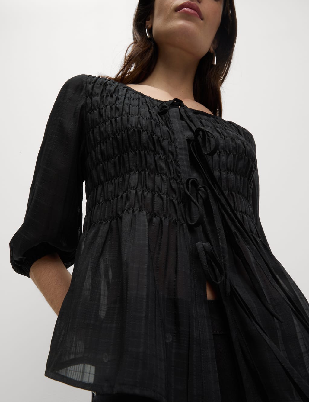 Round Neck Tie Front Shirred Blouse 4 of 6