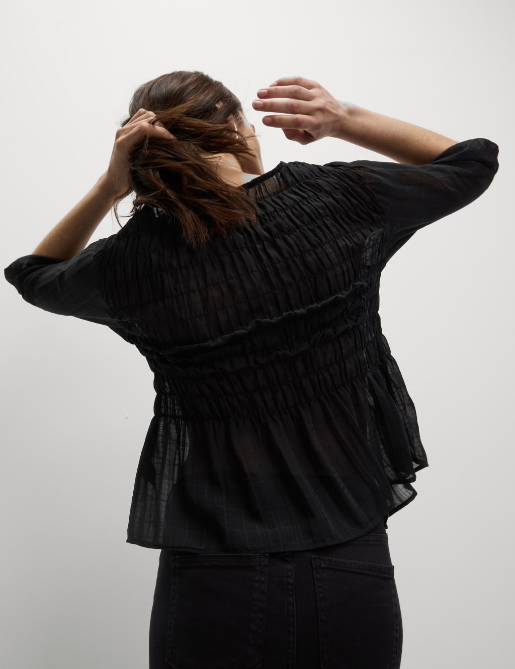 Round Neck Tie Front Shirred Blouse 6 of 6