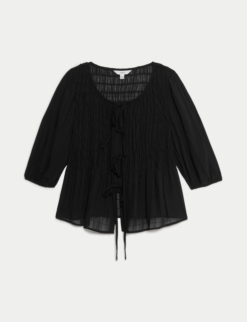 Round Neck Tie Front Shirred Blouse 2 of 6
