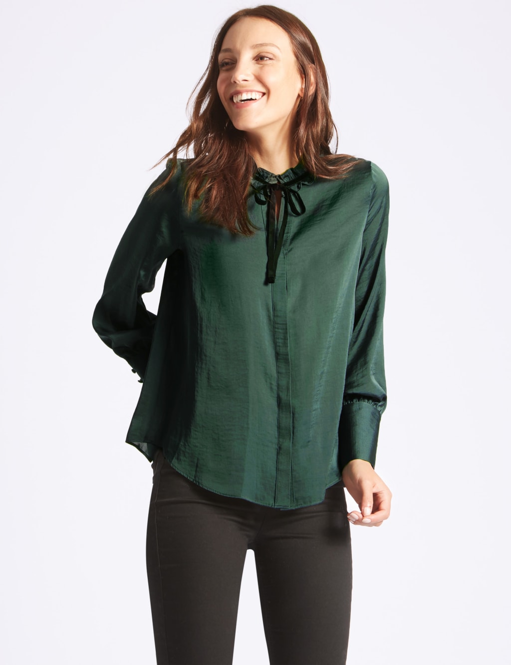 Velvet Trim Round Neck Long Sleeve Blouse 1 of 4