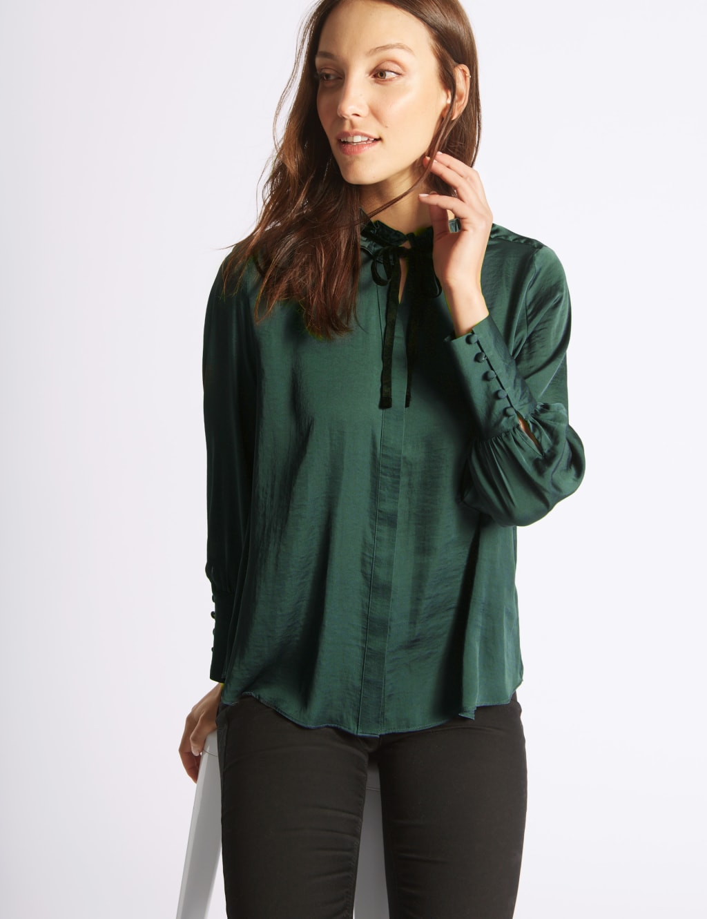 Velvet Trim Round Neck Long Sleeve Blouse 3 of 4