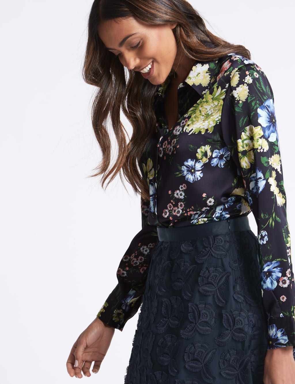 Floral Print Satin Long Sleeve Shirt 4 of 5