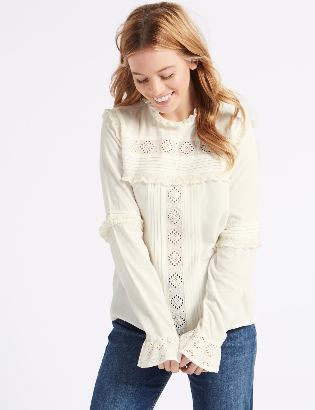 PETITE Ruffle Round Neck Long Sleeve Blouse M S Collection M S