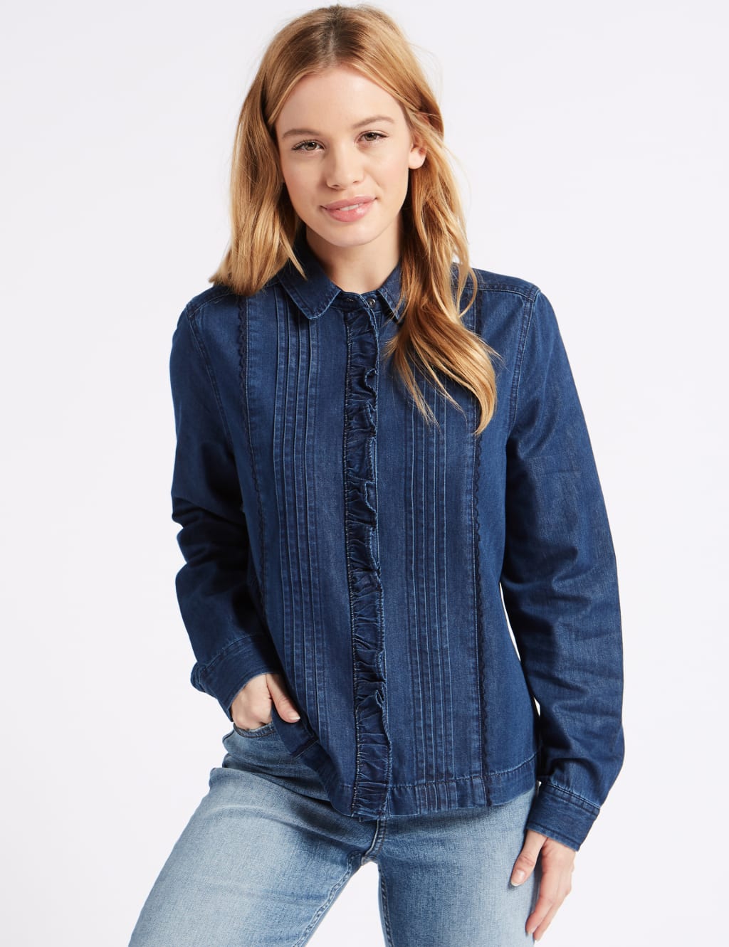 PETITE Denim Ruffle Long Sleeve Shirt 1 of 4