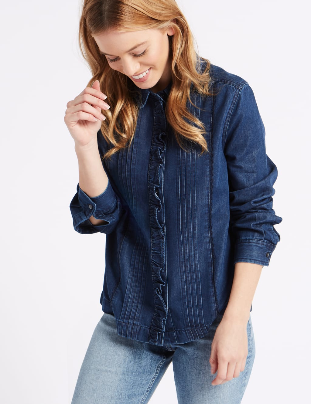 PETITE Denim Ruffle Long Sleeve Shirt 3 of 4