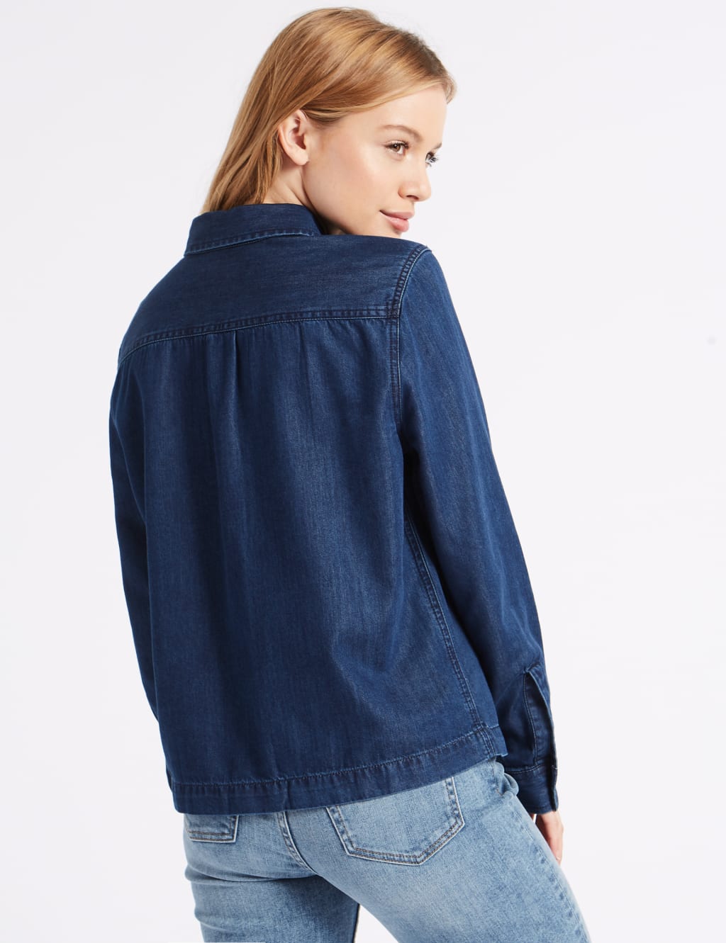 PETITE Denim Ruffle Long Sleeve Shirt 4 of 4