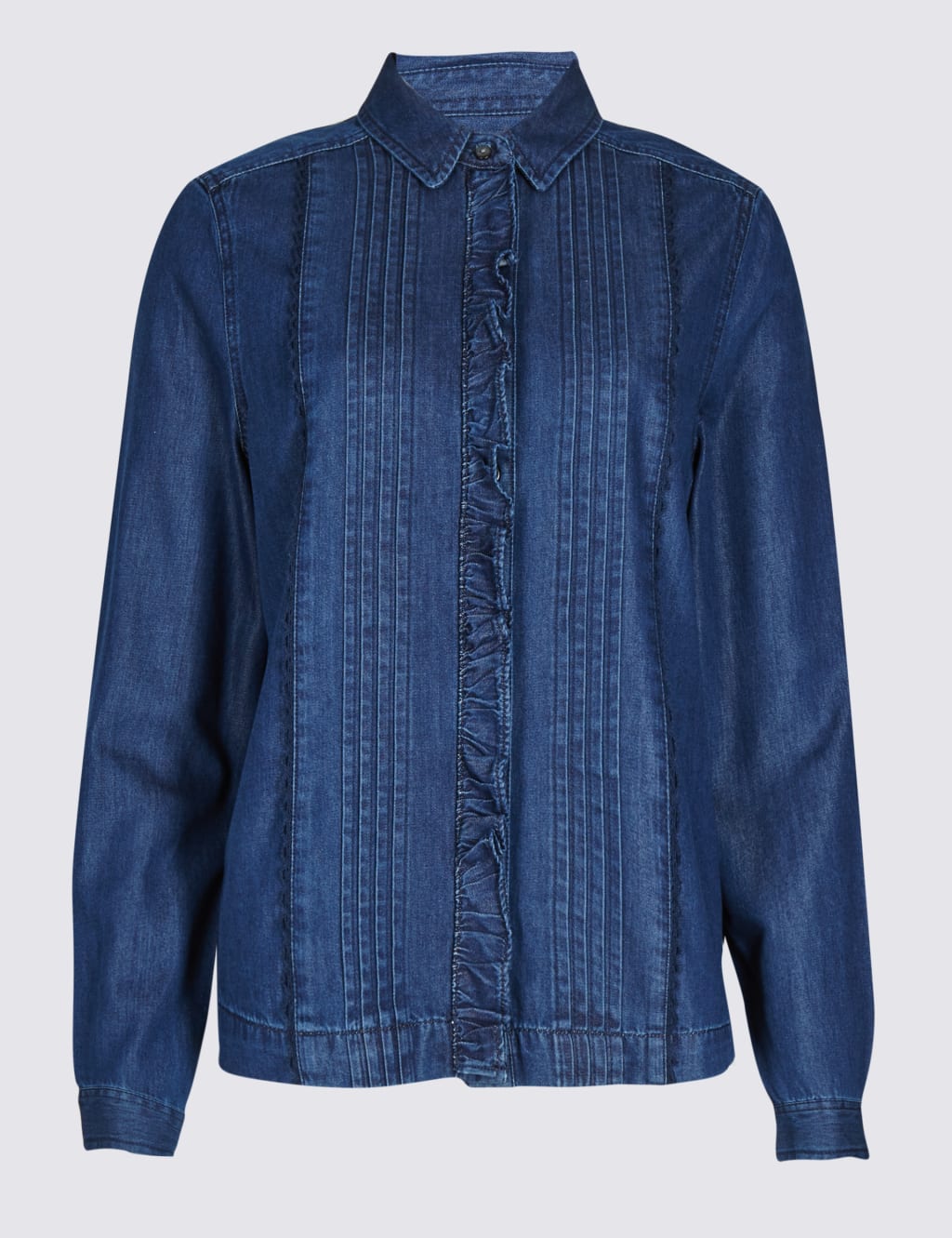 PETITE Denim Ruffle Long Sleeve Shirt 2 of 4