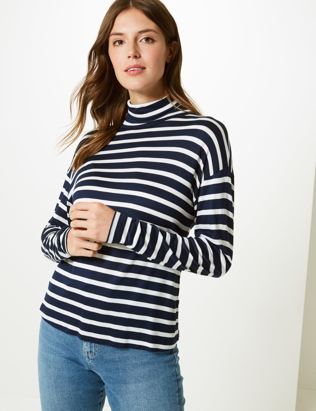 Striped mock neck long sleeve sales
