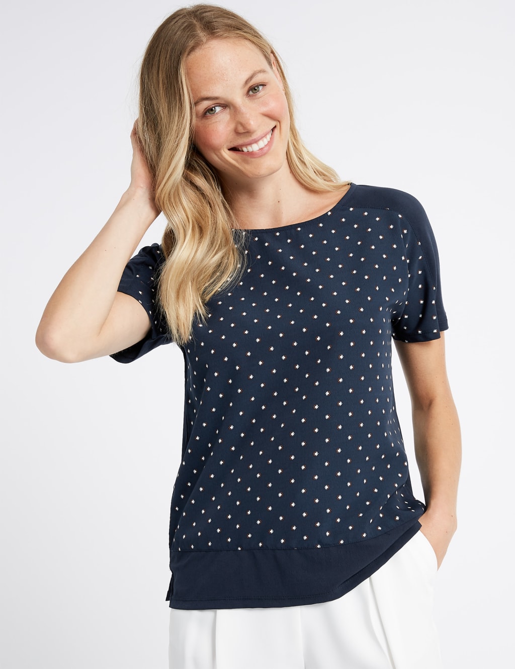 Spotted Woven Front Short Sleeve Top 1 of 4