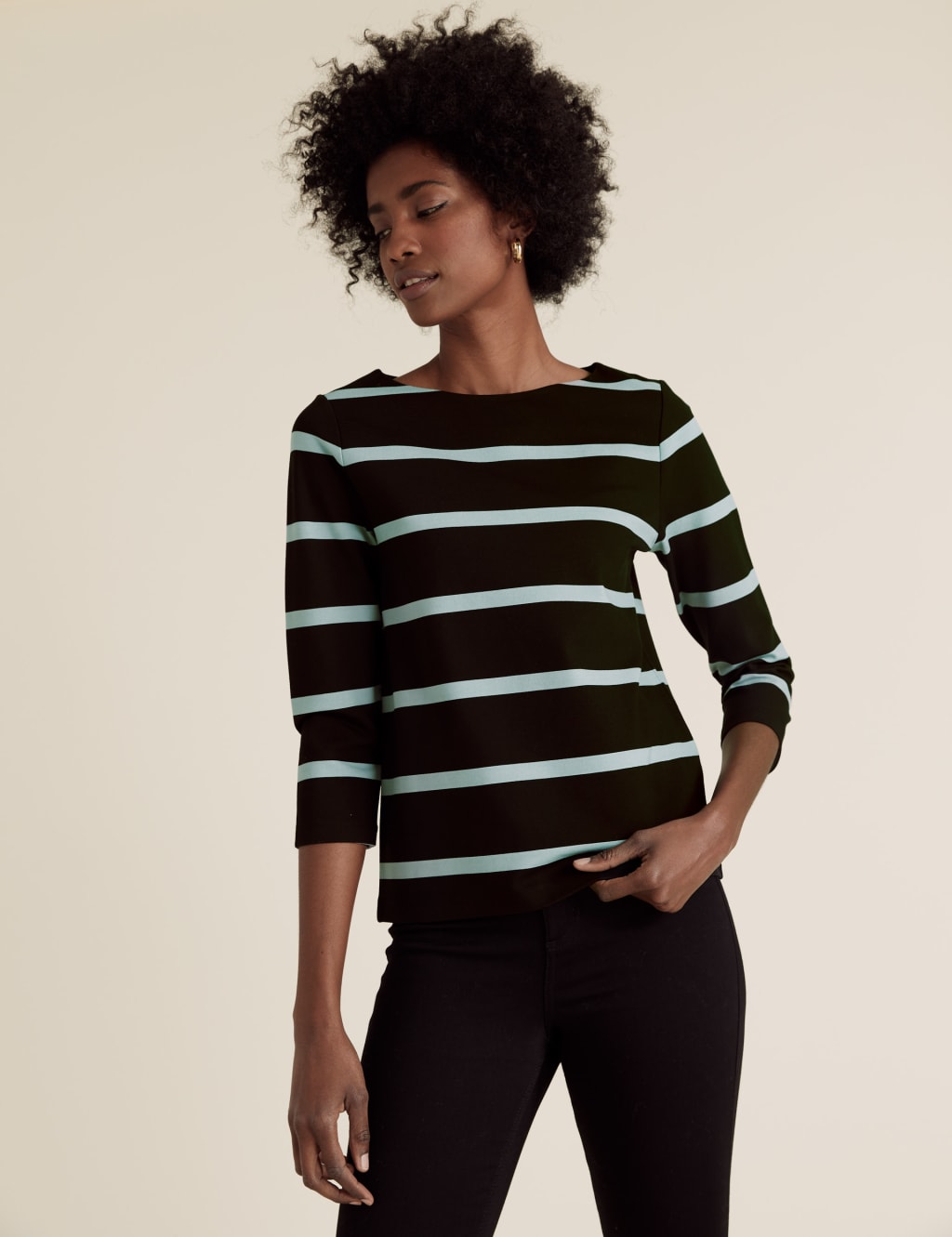 Jersey Striped Crew Neck 3/4 Sleeve Top 1 of 5