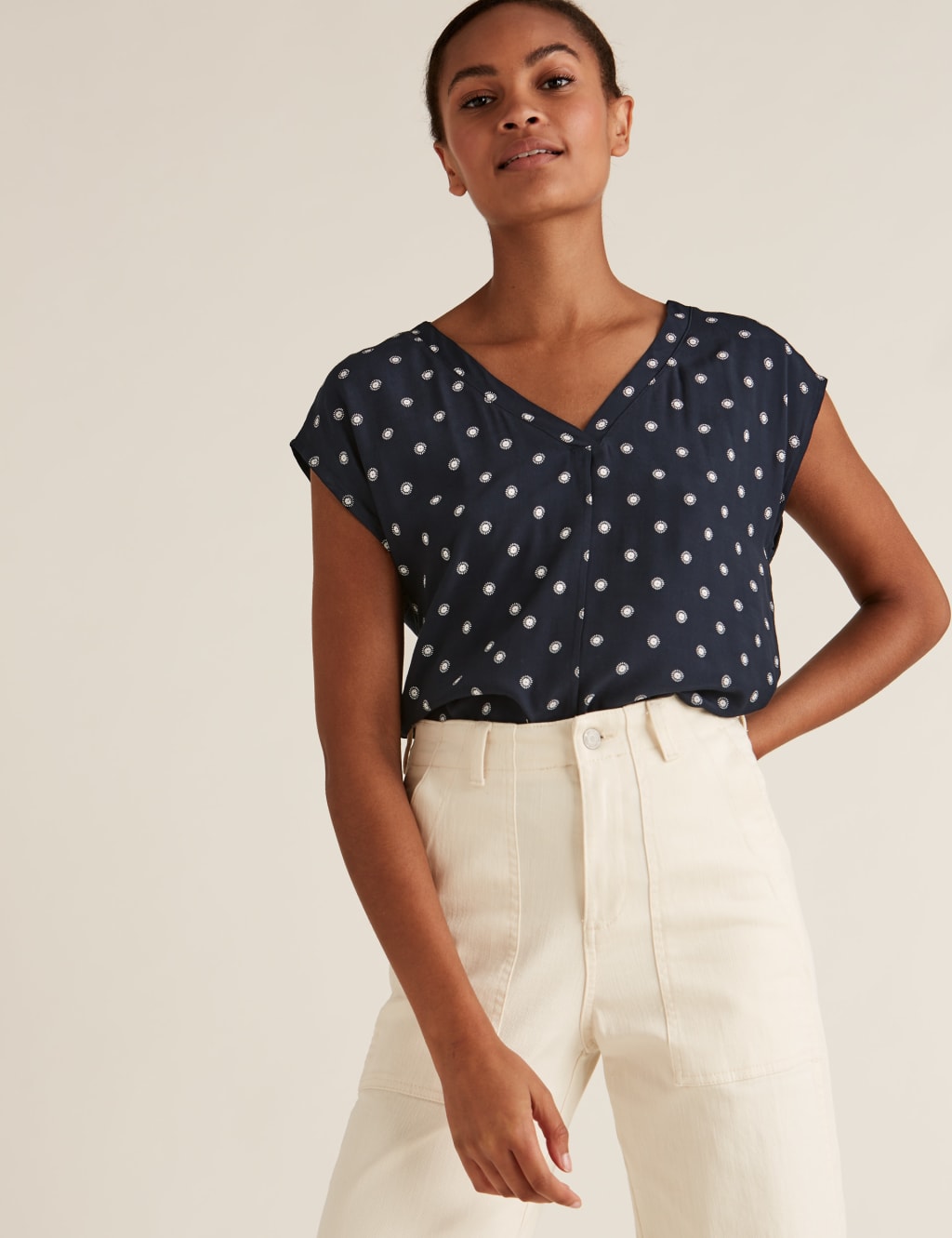 Spot Print V-Neck Longline Short Sleeve Top 1 of 4