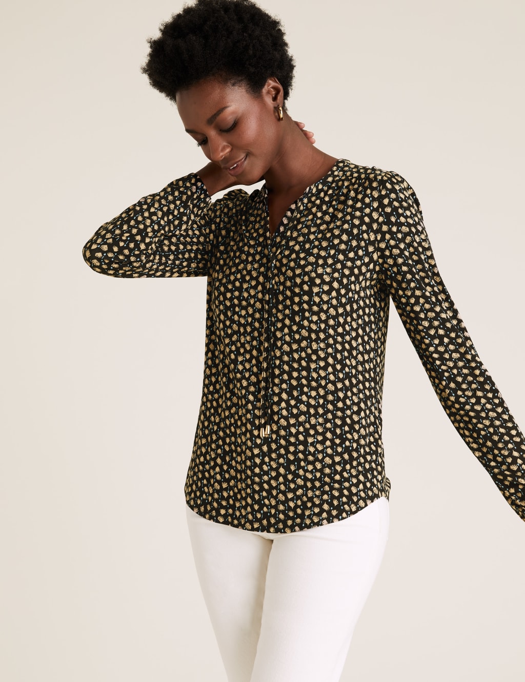Jersey Printed Tie Neck Relaxed Top 1 of 6