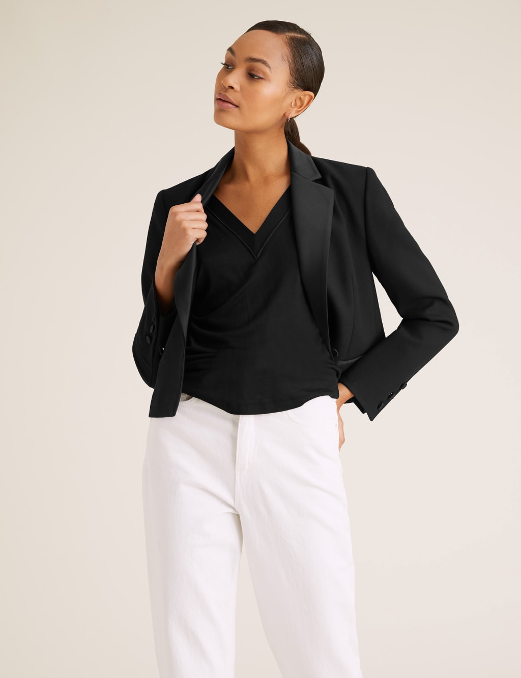 V-Neck Woven Trim Short Sleeve Top 1 of 5