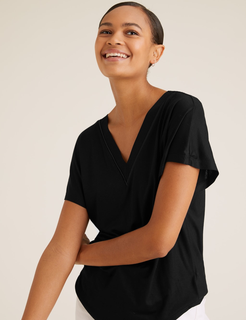 V-Neck Woven Trim Short Sleeve Top 4 of 5