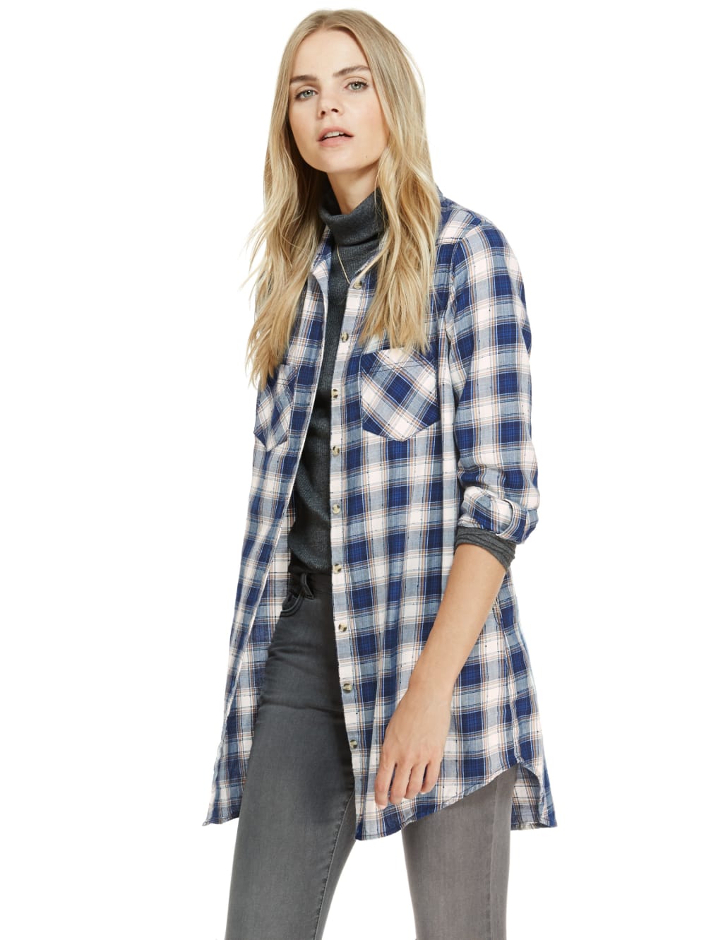 Cotton Rich Twin Pocket Longline Checked Shirt 1 of 5