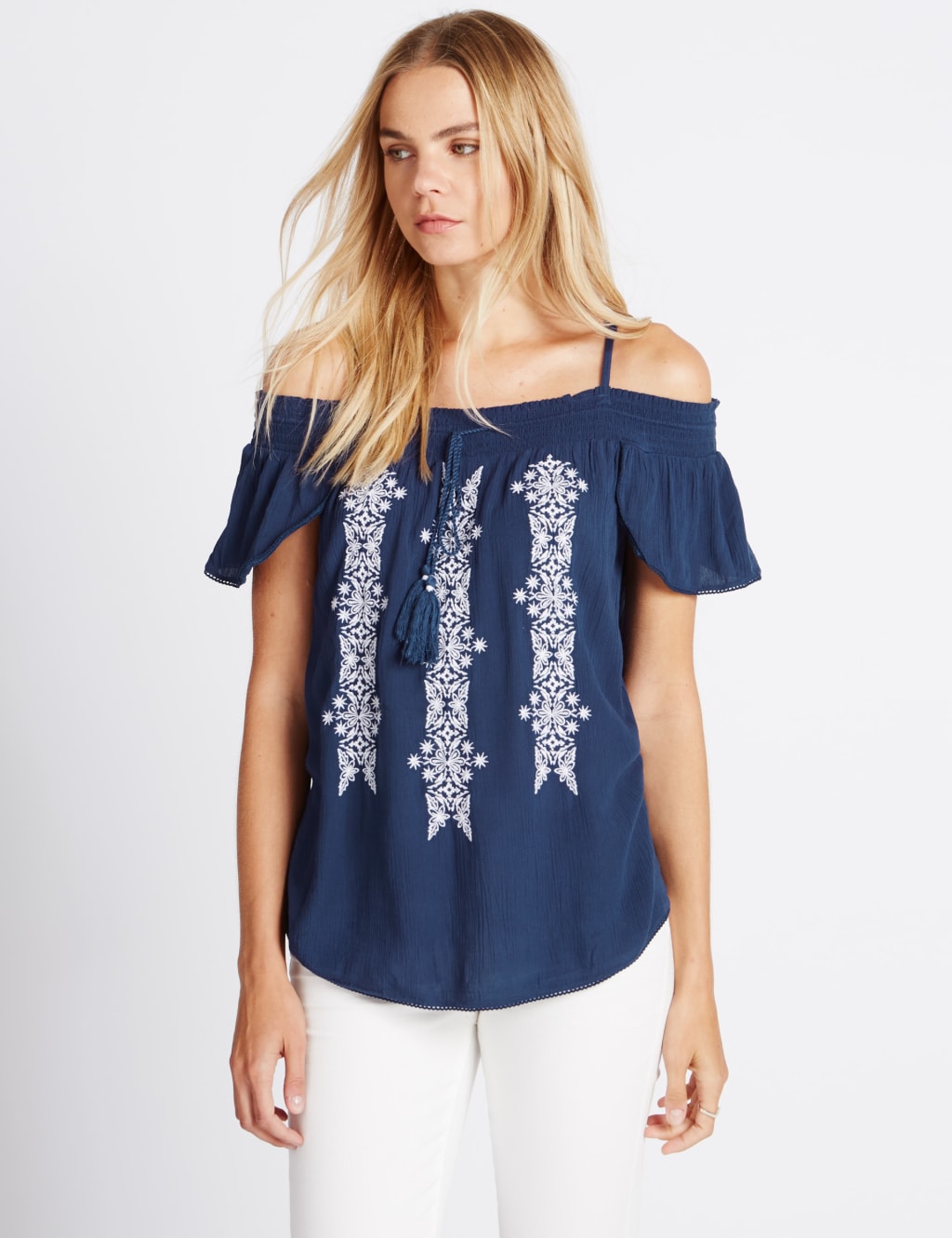 Embroidered Cold Shoulder Bardot Blouse 1 of 3