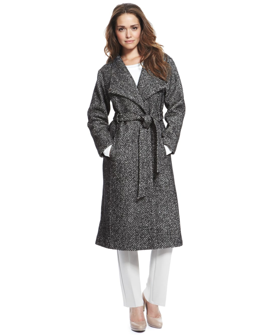 Wool Blend Herringbone Long Belted Double Breasted Coat M S Collection M S