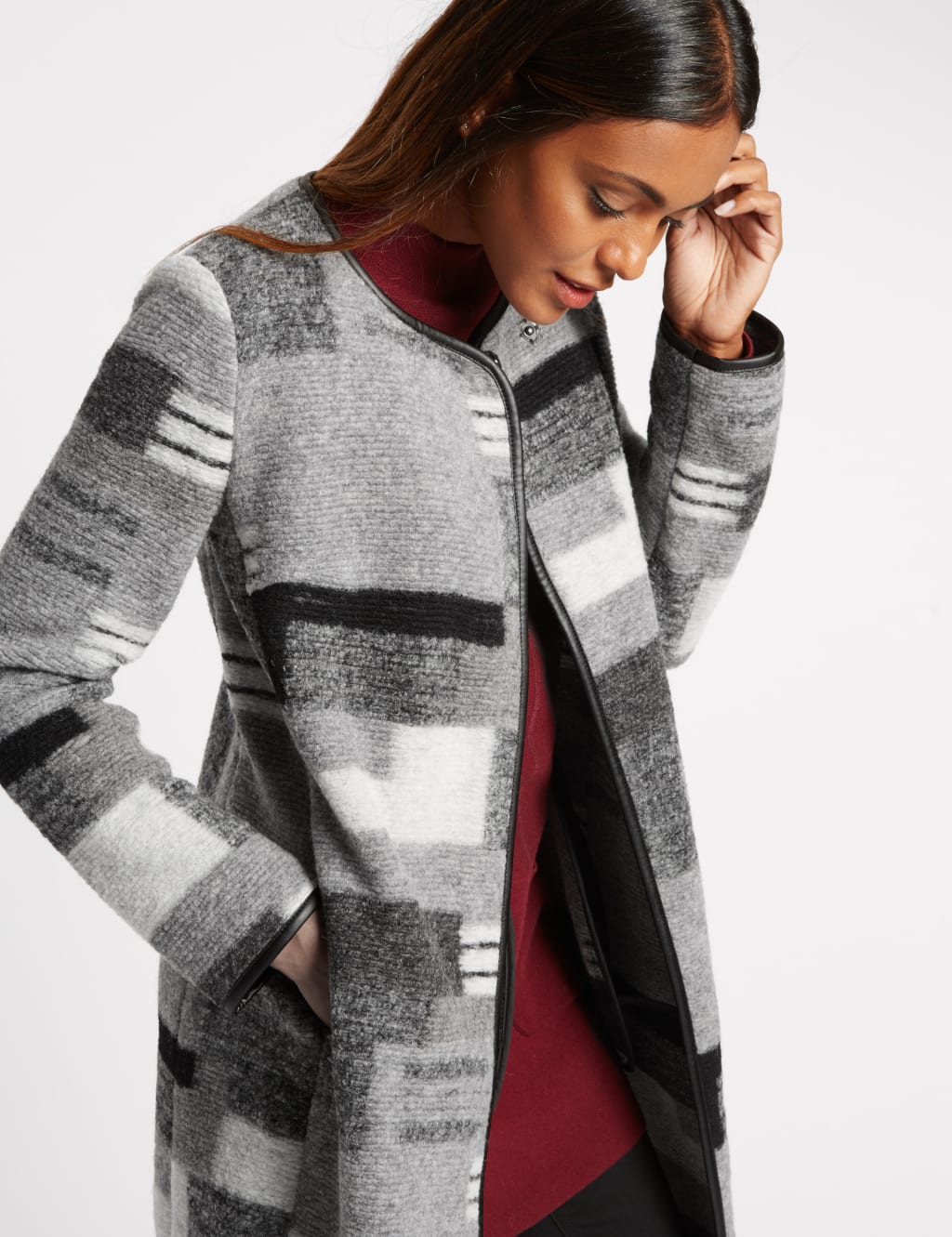 Wool Blend Patchwork Print Blanket Coat M S Collection M S
