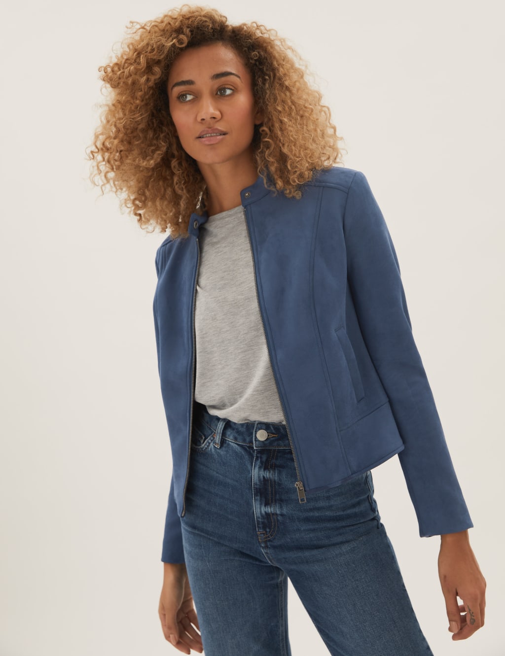 Faux Suede Collarless Biker Jacket M S Collection M S