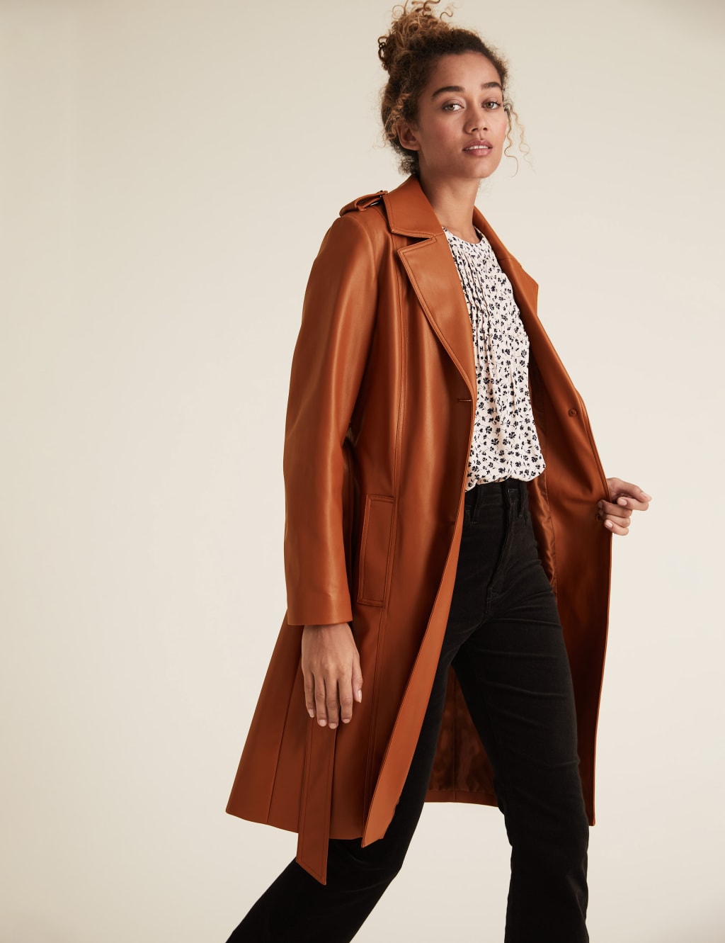 Faux Leather Belted Trench Coat 1 of 4