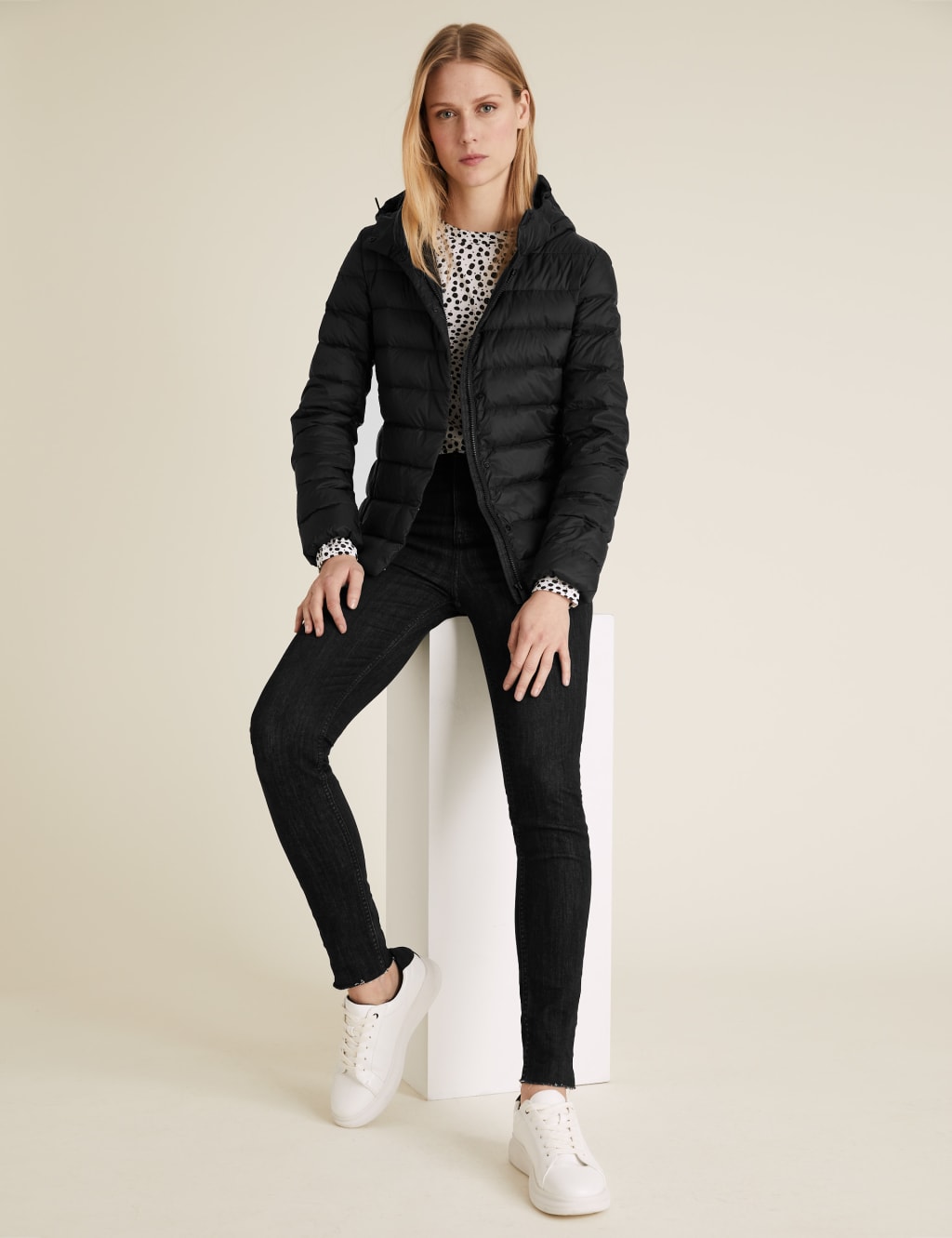 Feather Down Hooded Short Puffer Jacket M S Collection M S