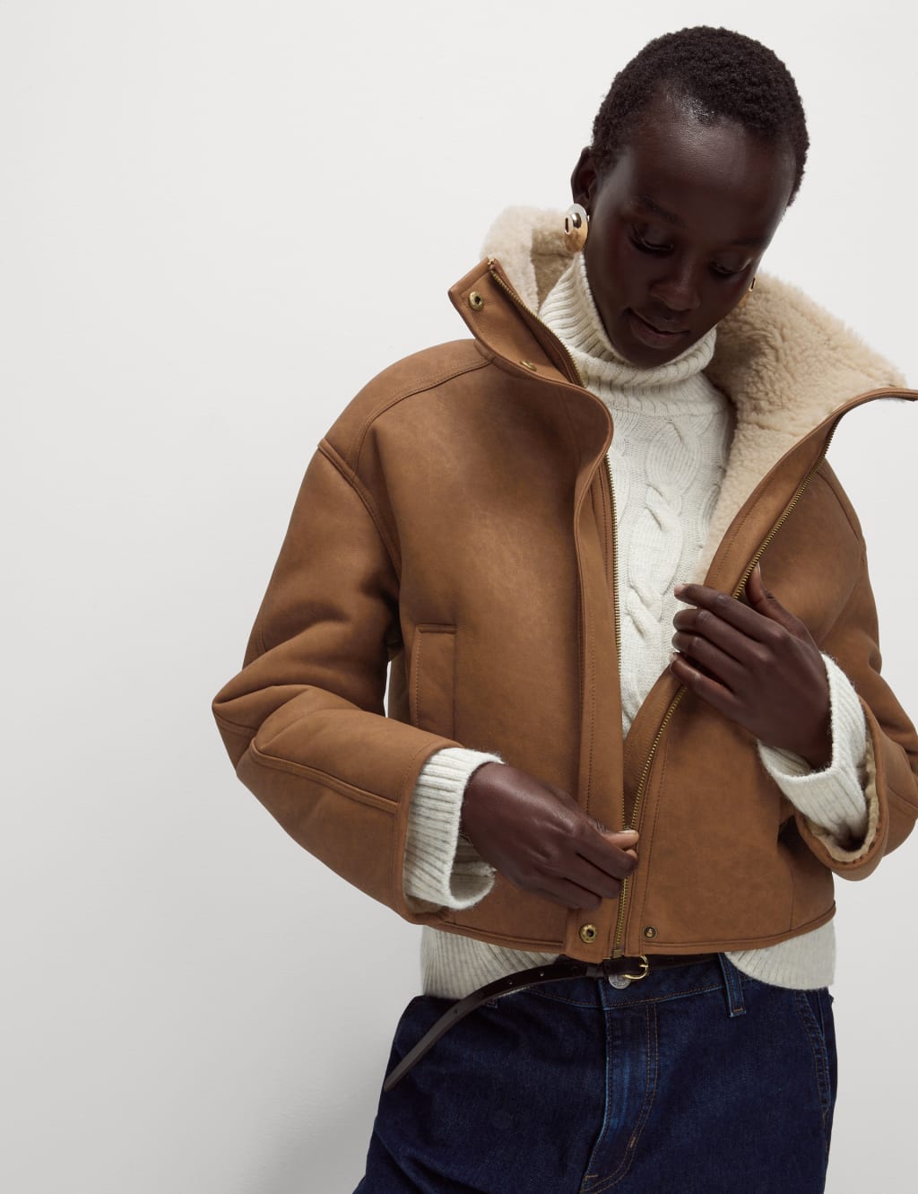 Faux Shearling Funnel Neck Short Jacket M S Collection M S