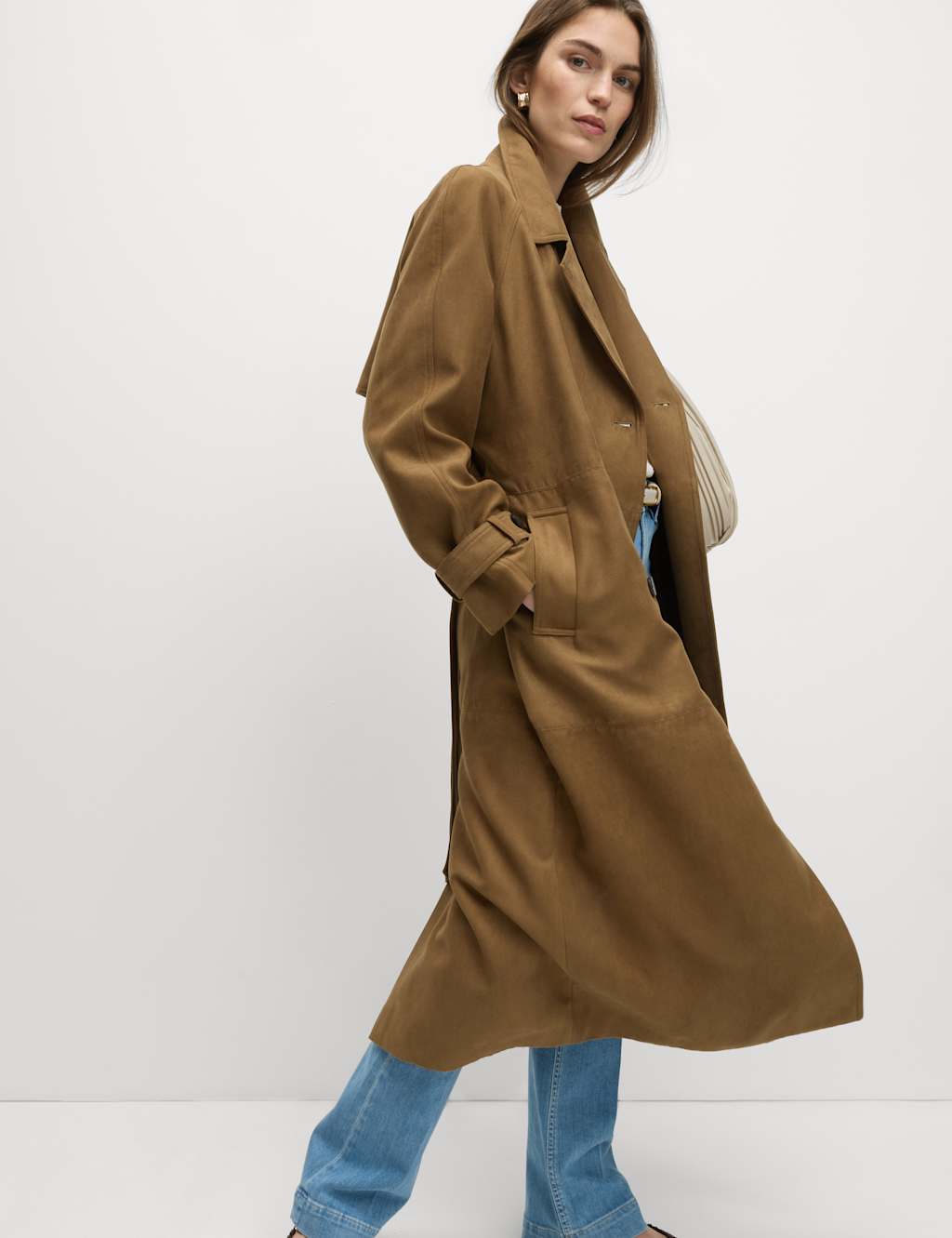 Double Breasted Longline Suedette Trench Coat 5 of 8
