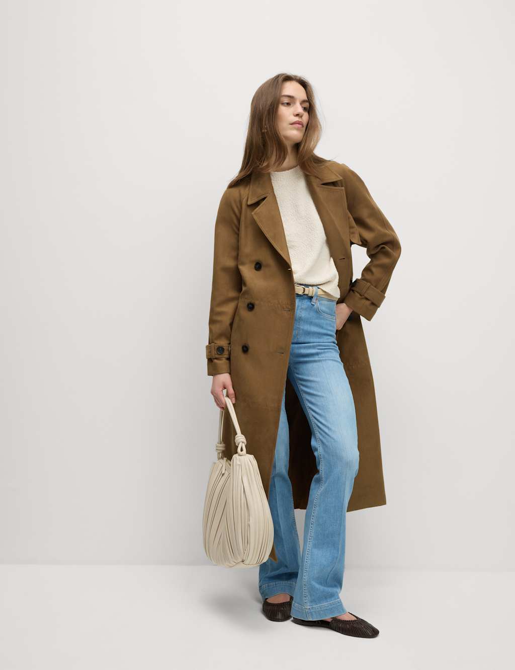 Double Breasted Longline Suedette Trench Coat 7 of 8