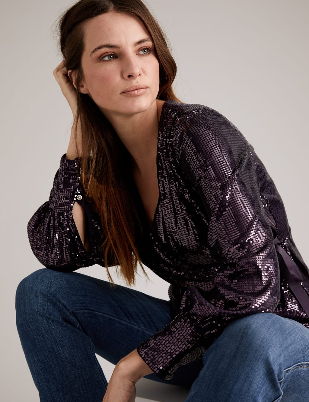 Sequin V Neck Long Sleeve Wrap Top 1 of 6