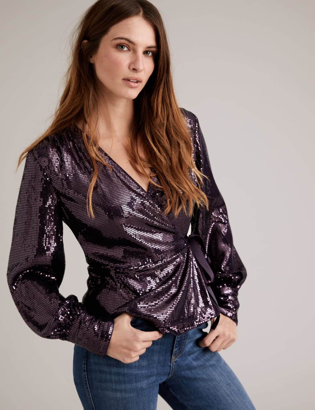 Sequin V Neck Long Sleeve Wrap Top 3 of 6