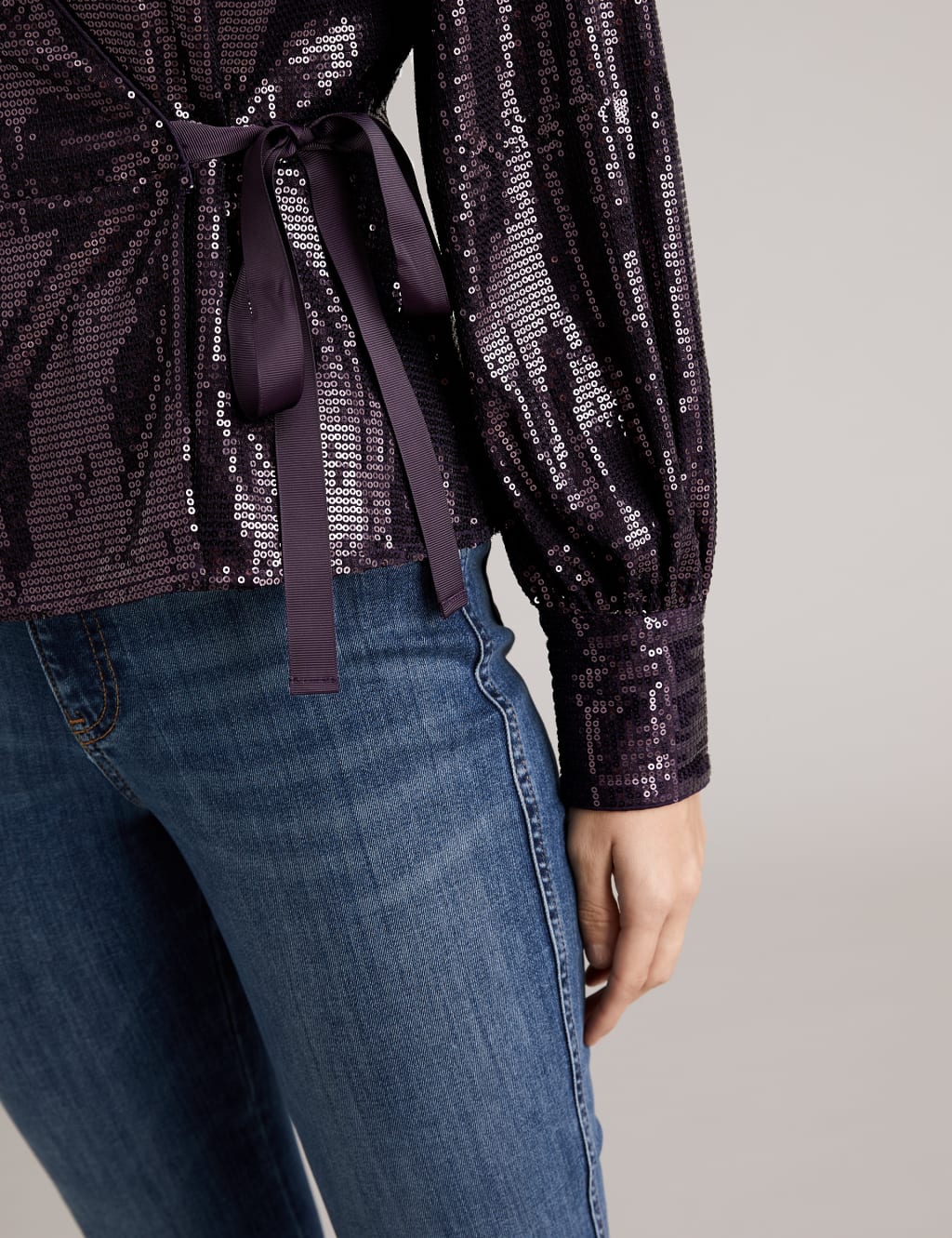 Sequin V Neck Long Sleeve Wrap Top 5 of 6