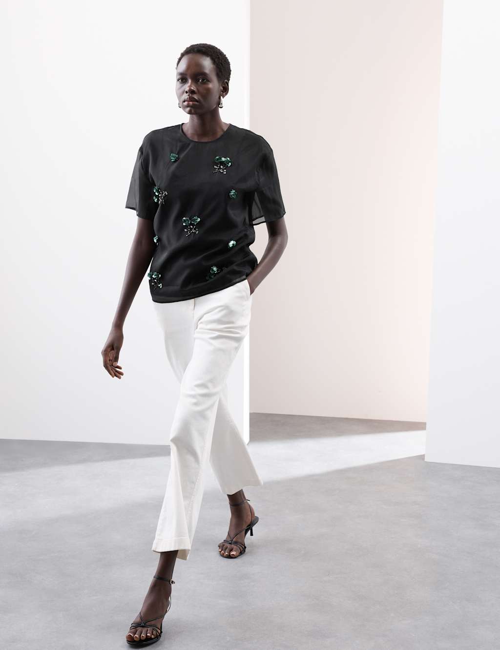 Organza Floral Embellished Round Neck Top 1 of 6